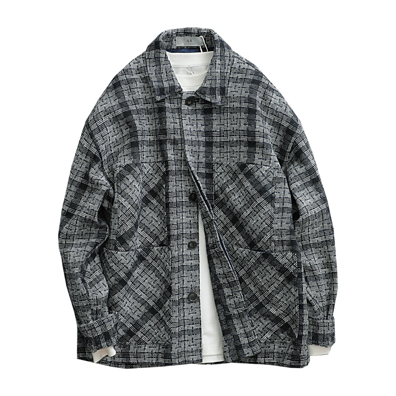 日系复古定制双层色织布料翻领宽松落肩夹克外套男