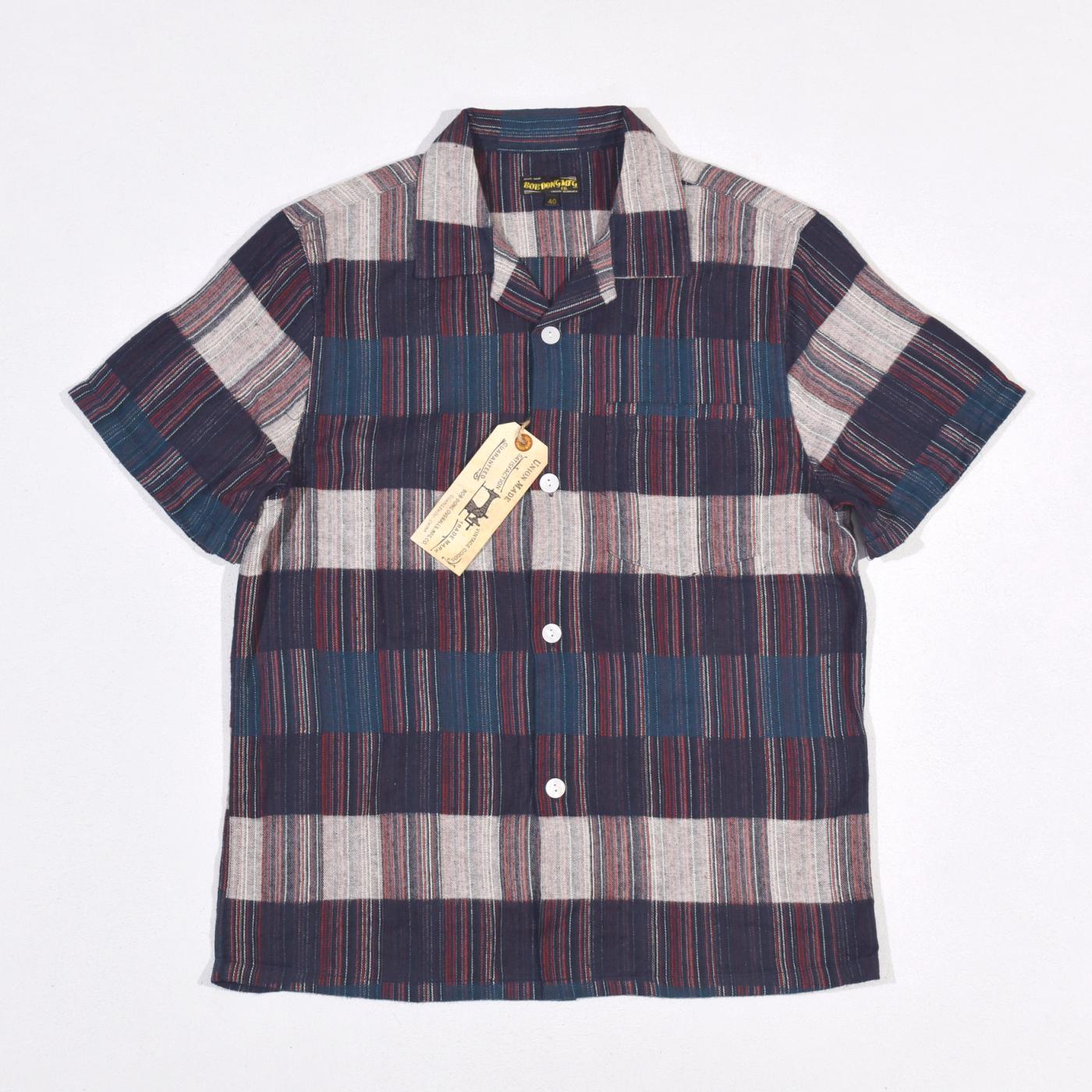 日系复古休闲提花色织布彩虹条格短袖衬衫