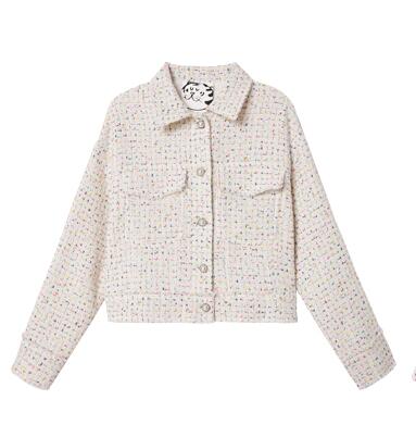 春季新款彩点纱系列珍珠扣奶油米白短外套女