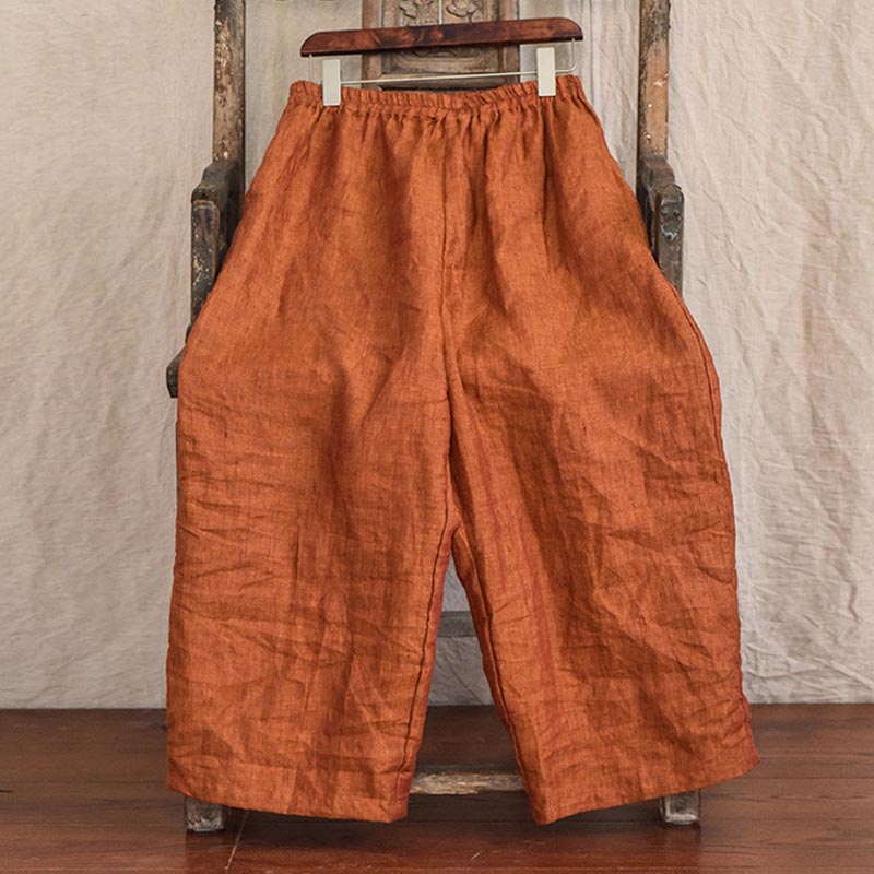 麻棉色织布亚麻阔腿裤松紧腰亚麻瑜伽裤