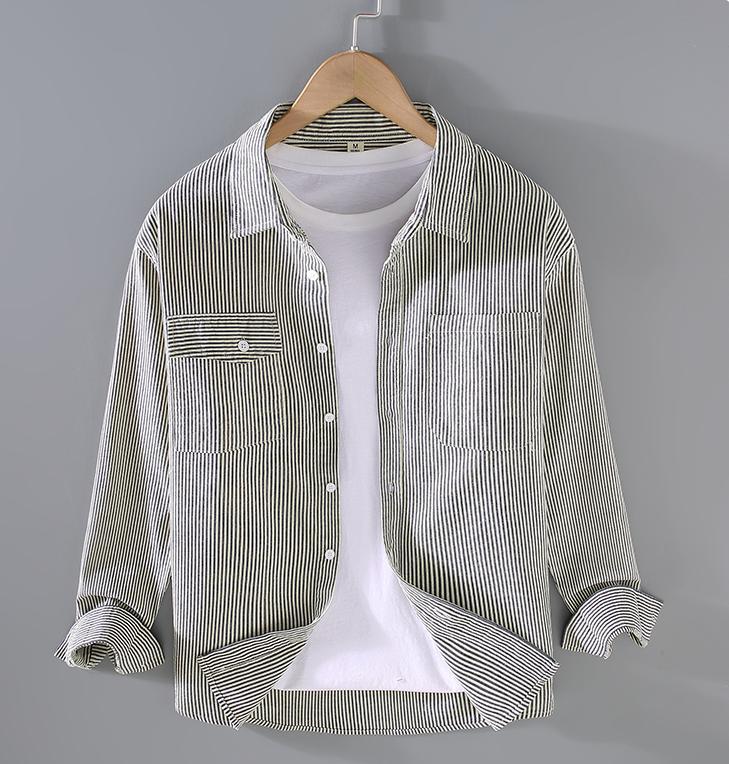 双层色织布竖条纹休闲长绒棉长袖衬衫男