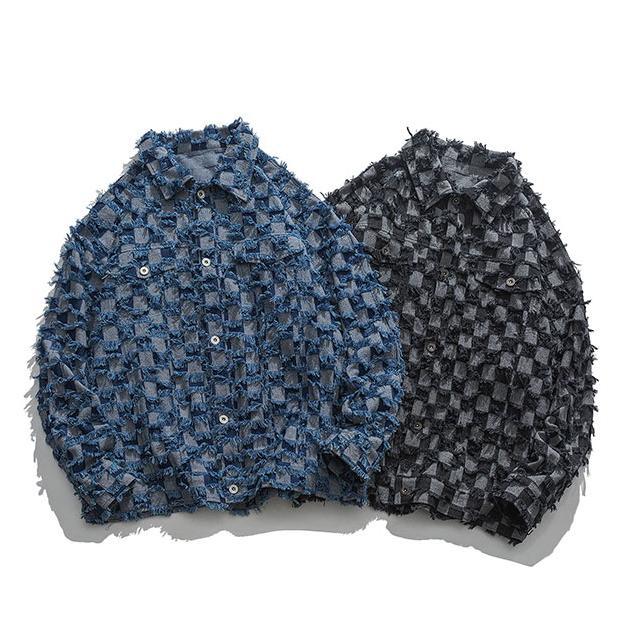 复古做旧高街风色织剪花布方格外套春秋季潮牌宽松休闲夹克