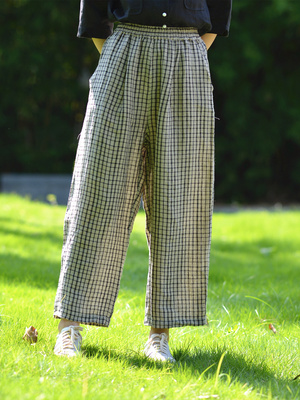 文艺百搭阔腿直筒休闲裤麻棉色织布黑白格子裤