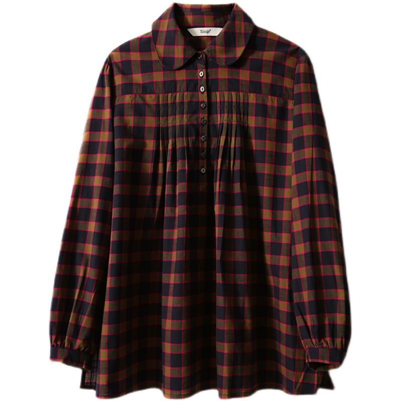 慵懒风染色色织布格纹洋气半开襟衬衫女