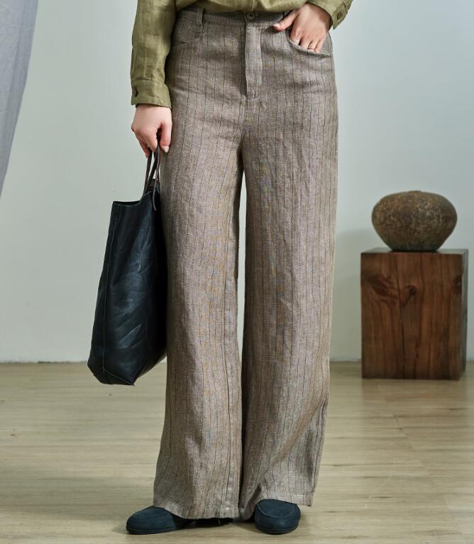 通勤舒适麻棉色织布条纹直筒裤休闲裤女