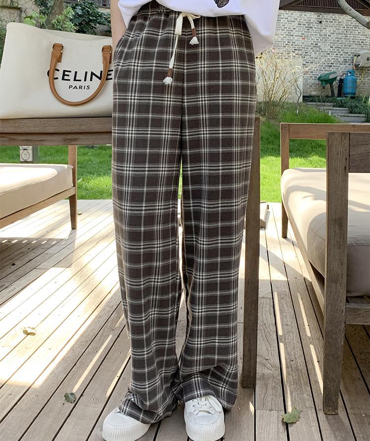 色织格纹直筒裤