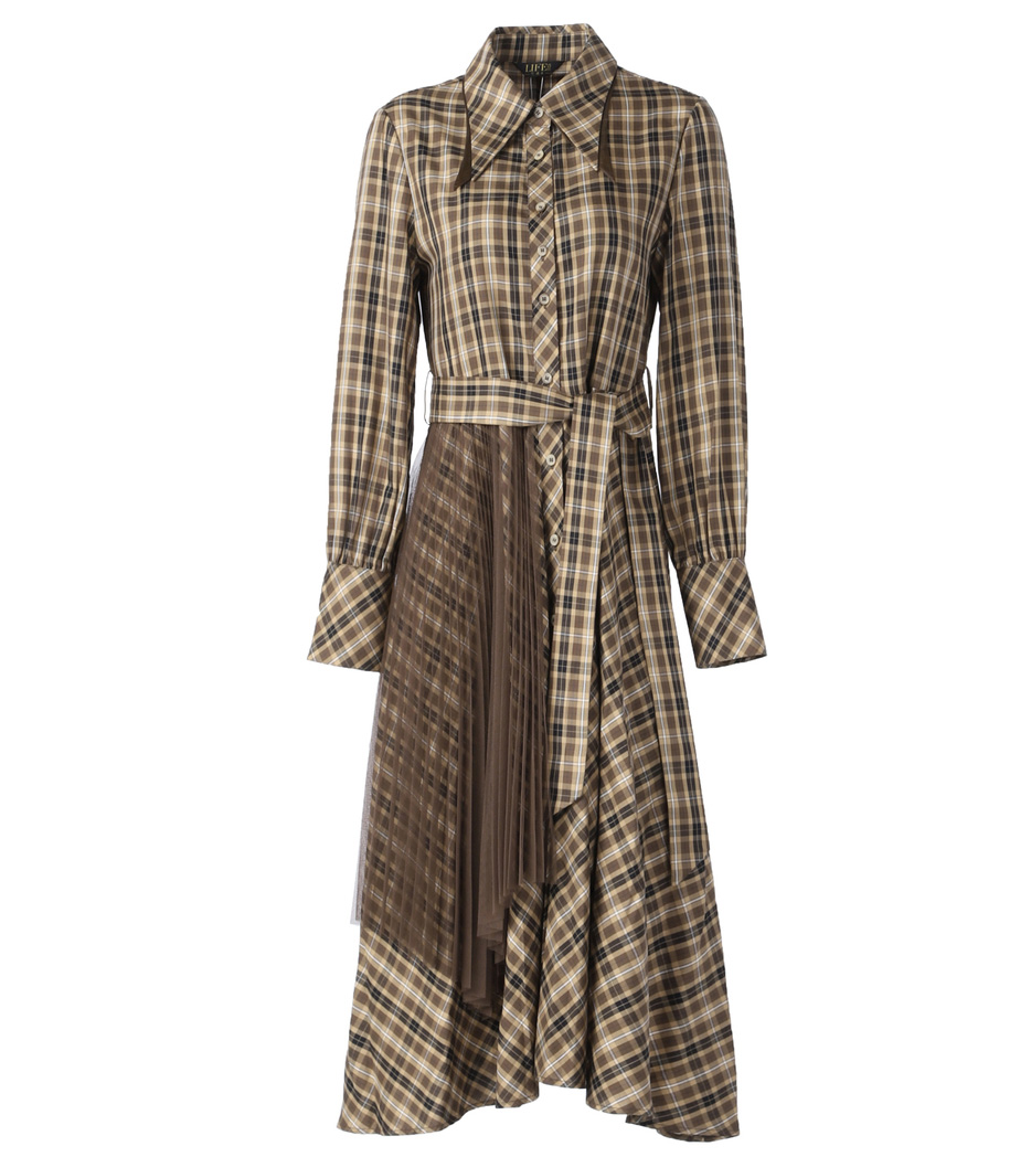 色织格纹衬衫连衣裙