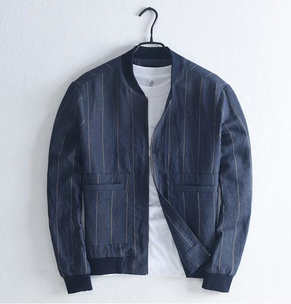 色织条纹棒球领棉麻夹克