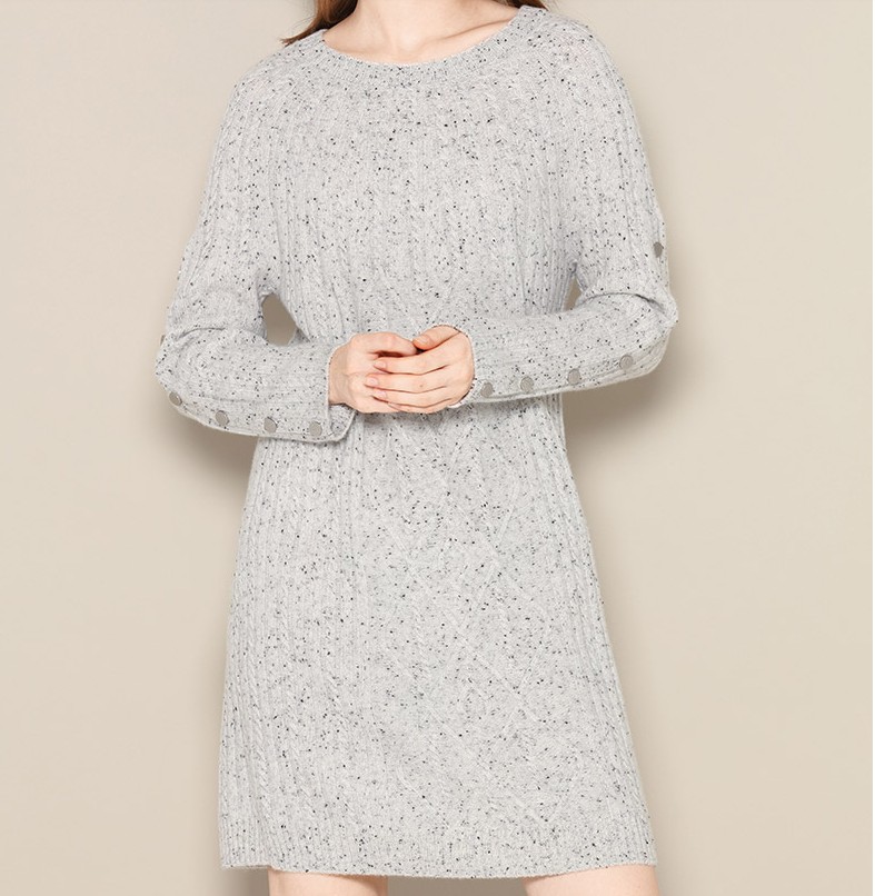 彩点纱连衣裙圆领绞花可开袖口