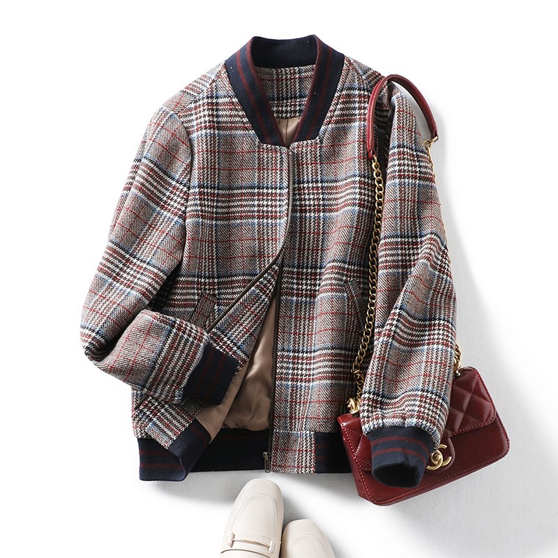 色织格纹拉链立领棒球夹克