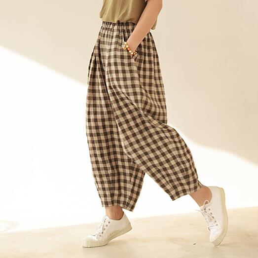 亚麻色织格子萝卜裤