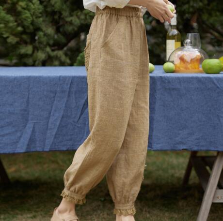 麻棉色织布格子阔腿裤