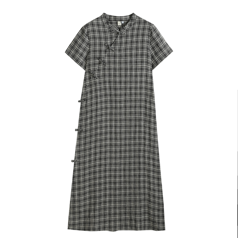 色织亚麻格子旗袍连衣裙