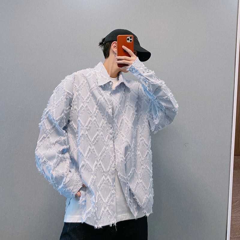 色织剪花布蓝色竖条纹长袖衬衫