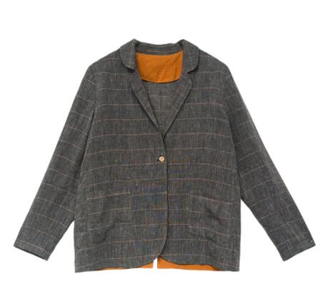 麻棉色织布格子小西装夹克