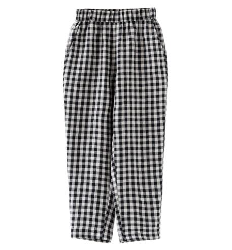 麻棉色织布格子直筒裤