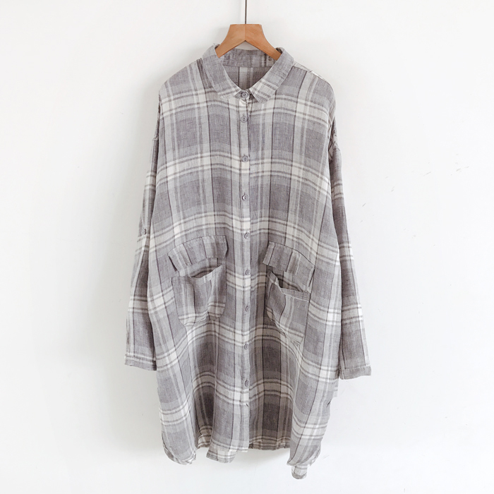 麻棉色织布文艺格子衬衫